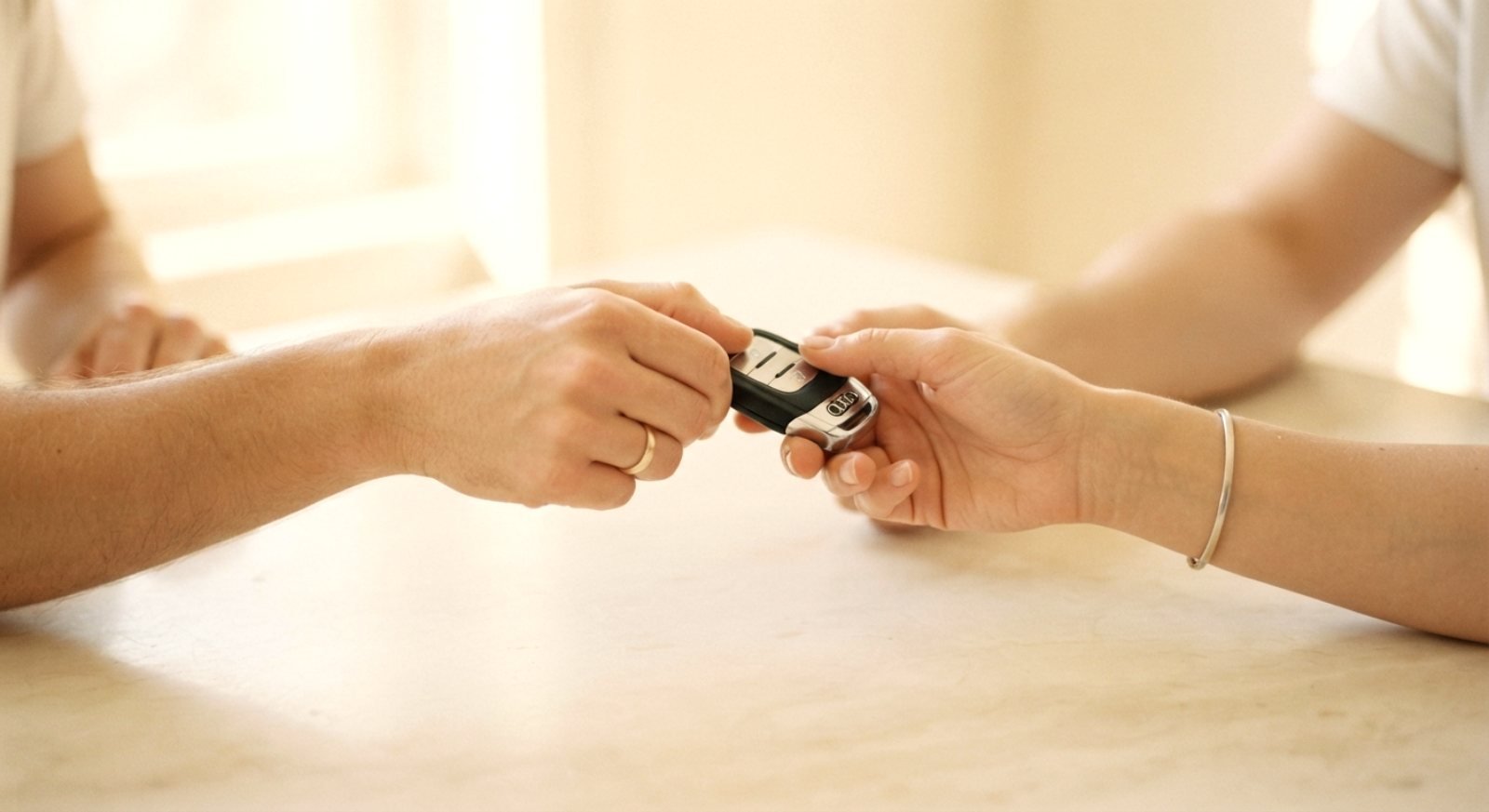 A set of car keys passing from one hand to another across a table.